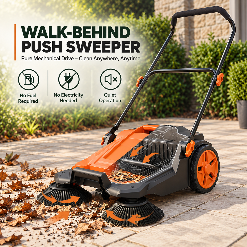Efficient Push Sweeper | Manual Lawn Sweeper with Adjustable Handle | Quick Outdoor Cleanup Tool for Driveways and Patios