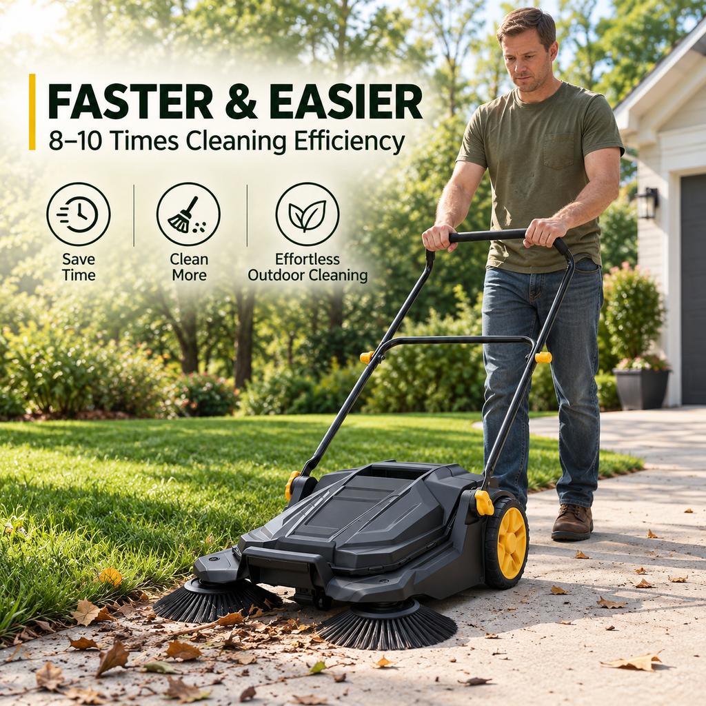 Efficient Push Sweeper | Manual Lawn Sweeper with Adjustable Handle | Quick Outdoor Cleanup Tool for Driveways and Patios