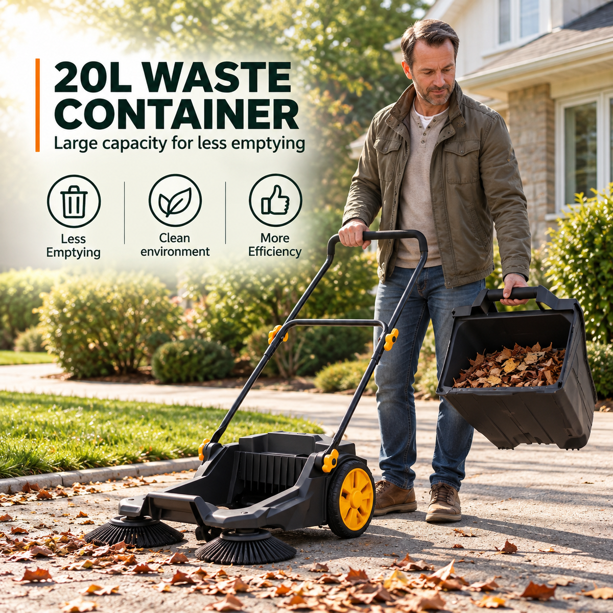 Efficient Push Sweeper | Manual Lawn Sweeper with Adjustable Handle | Quick Outdoor Cleanup Tool for Driveways and Patios