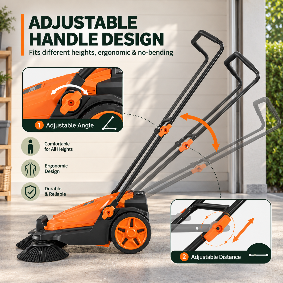 Efficient Push Sweeper | Manual Lawn Sweeper with Adjustable Handle | Quick Outdoor Cleanup Tool for Driveways and Patios