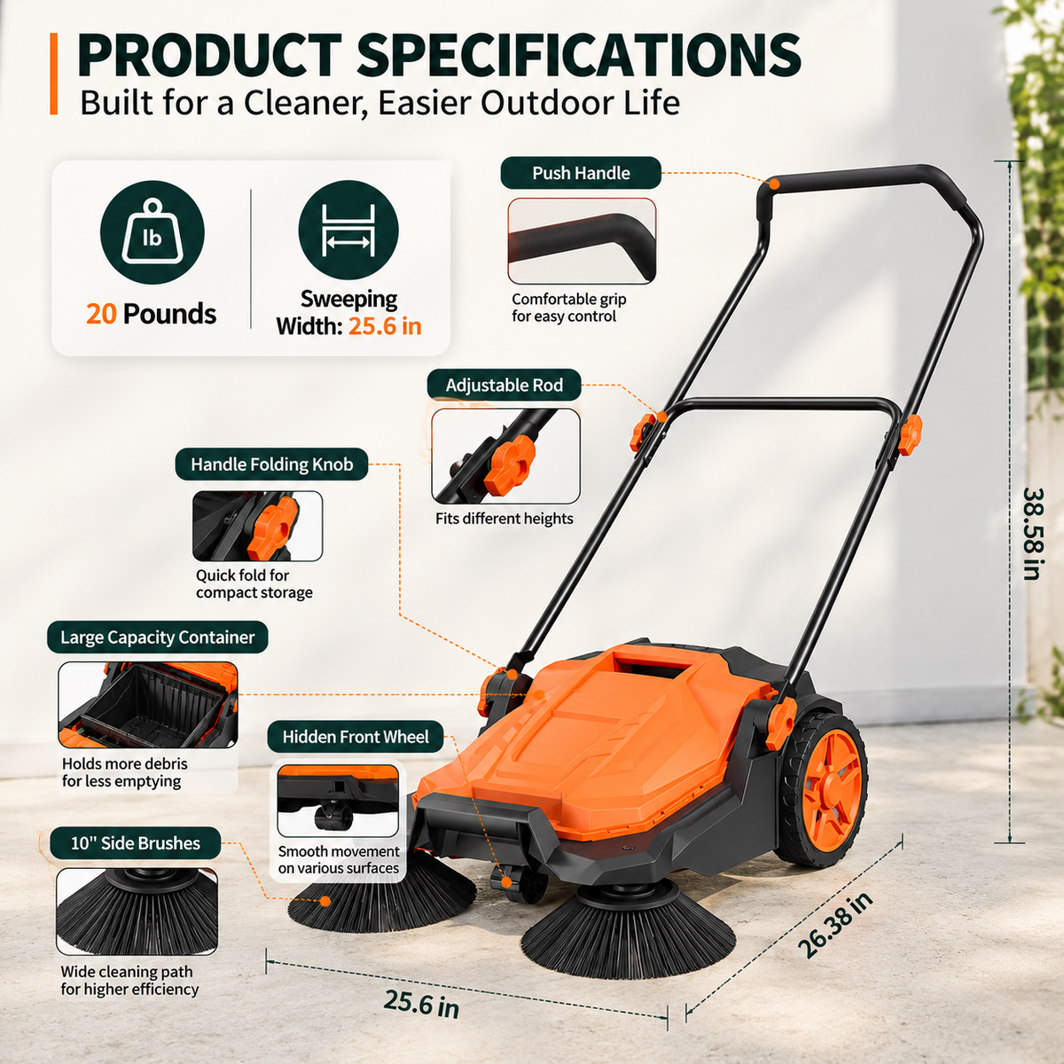 Efficient Push Sweeper | Manual Lawn Sweeper with Adjustable Handle | Quick Outdoor Cleanup Tool for Driveways and Patios