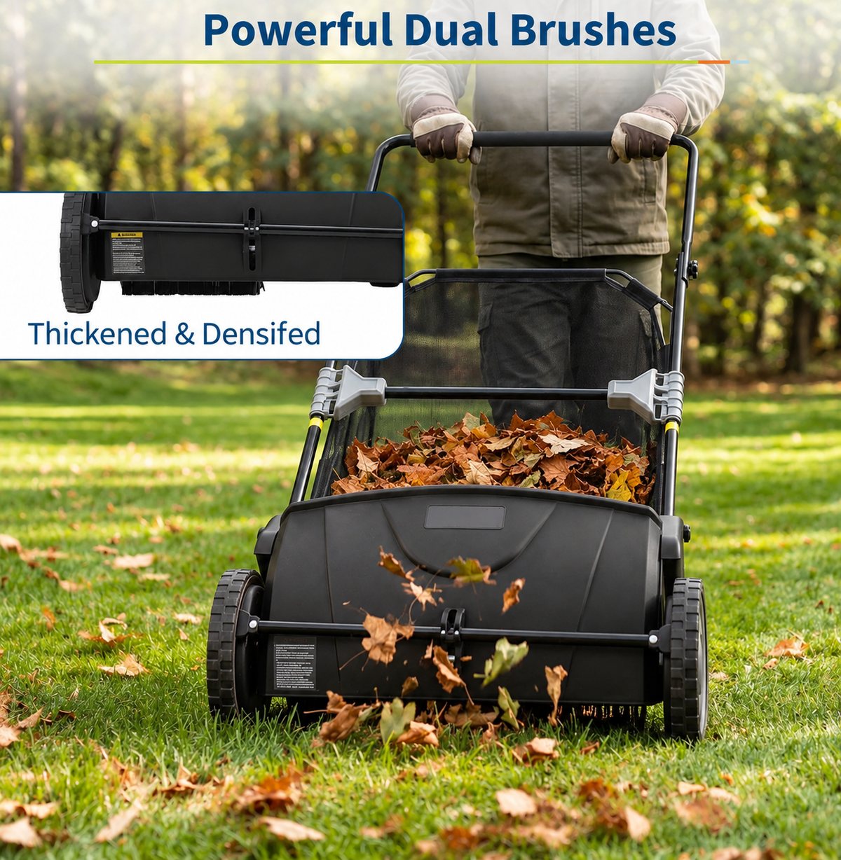 Push Lawn Sweeper with Adjustable Brush Height | Efficient Leaf Collection for Easy Yard Maintenance