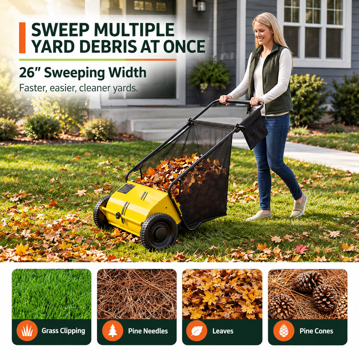 Lawn Sweeper | 26-Inch Manual Yard Sweeper with Adjustable Height & Tool Bag for Efficient Leaf Collection