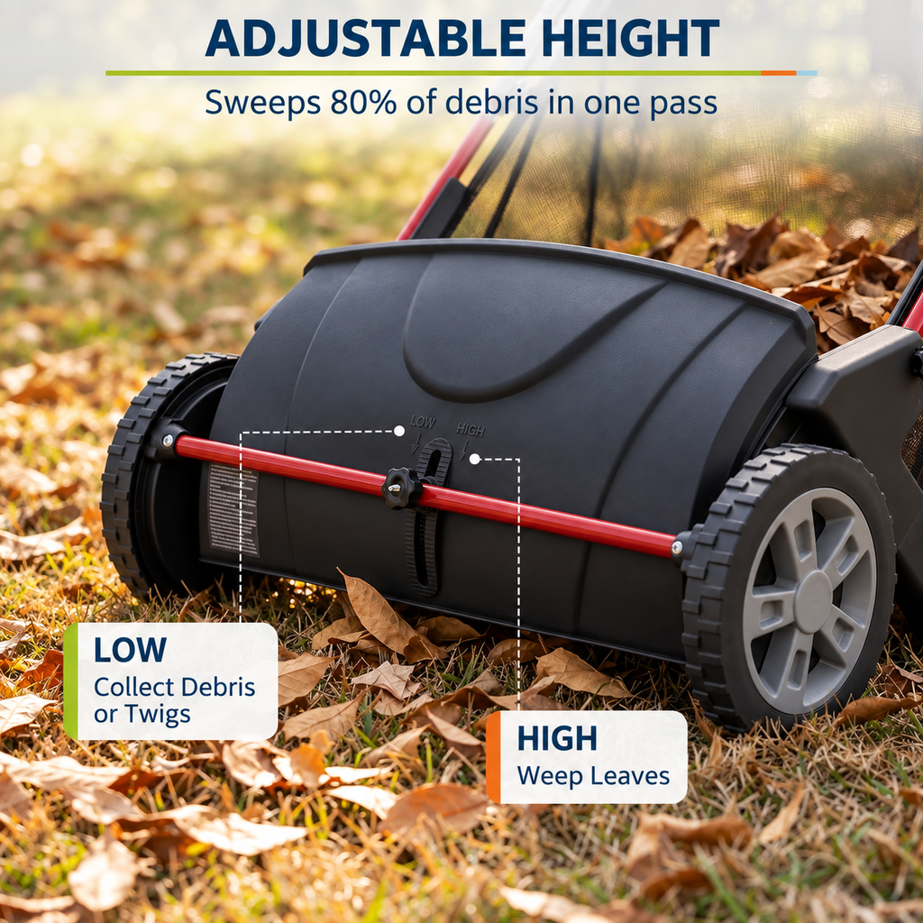 Push Lawn Sweeper with Adjustable Brush Height | Efficient Leaf Collection for Easy Yard Maintenance