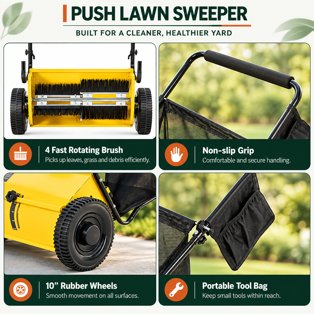 Lawn Sweeper | 26-Inch Manual Yard Sweeper with Adjustable Height & Tool Bag for Efficient Leaf Collection