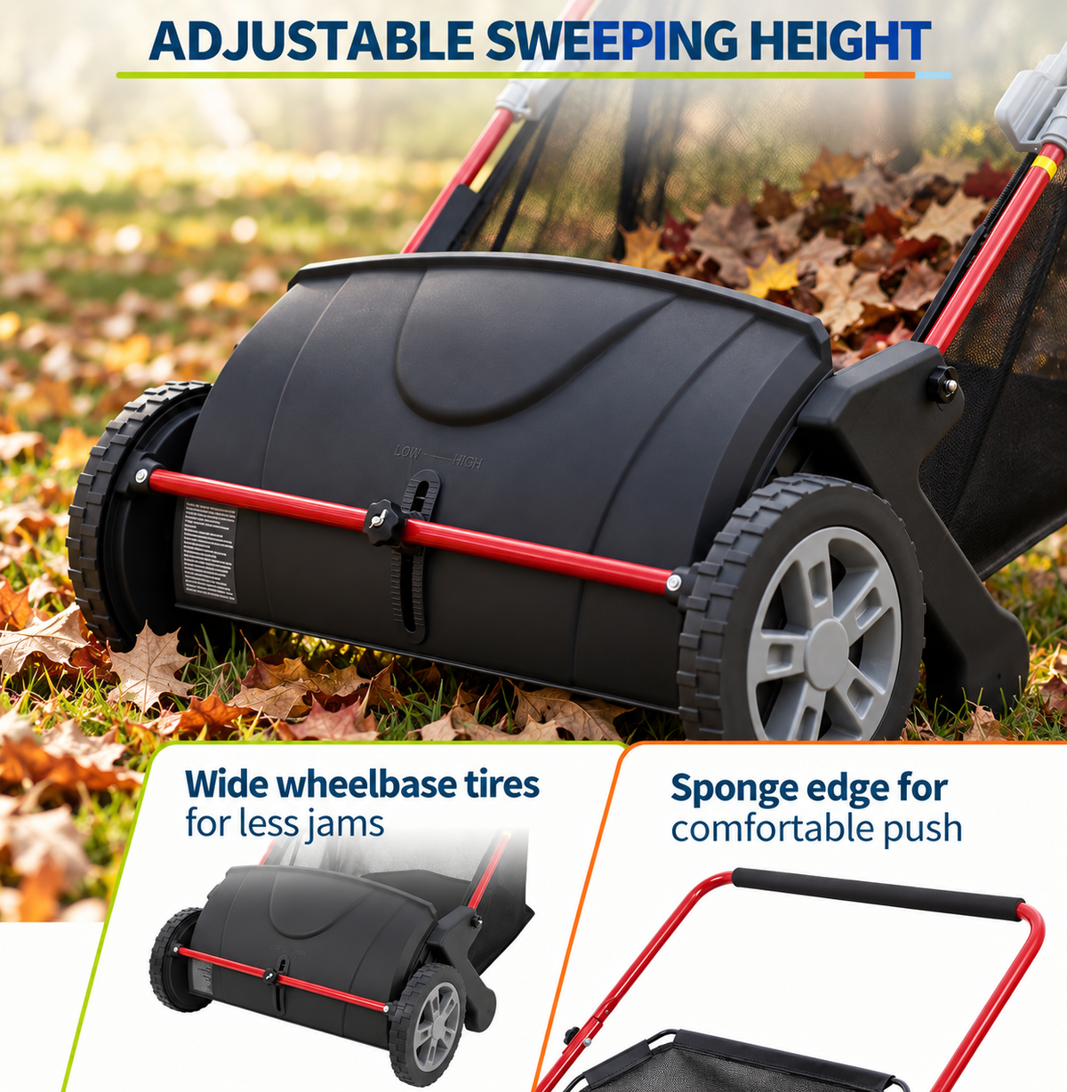 Push Lawn Sweeper with Adjustable Brush Height | Efficient Leaf Collection for Easy Yard Maintenance