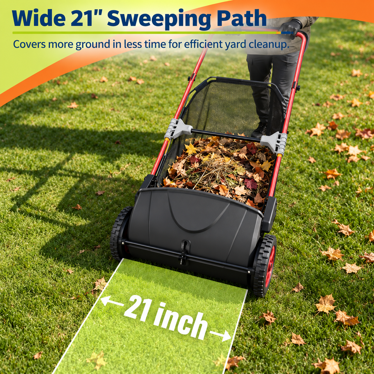 Push Lawn Sweeper with Adjustable Brush Height | Efficient Leaf Collection for Easy Yard Maintenance