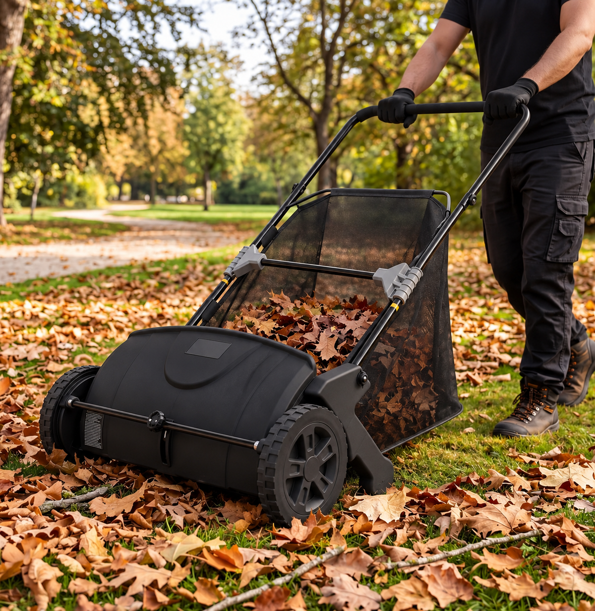 Push Lawn Sweeper with Adjustable Brush Height | Efficient Leaf Collection for Easy Yard Maintenance